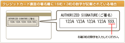 クレジットカード裏面の署名欄に16桁＋3桁の数字が記載されている場合。　「AUTHORIZED SIGNATURE（ご署名）」に記載されている数字のうち、右端3桁の数字を入力してください。